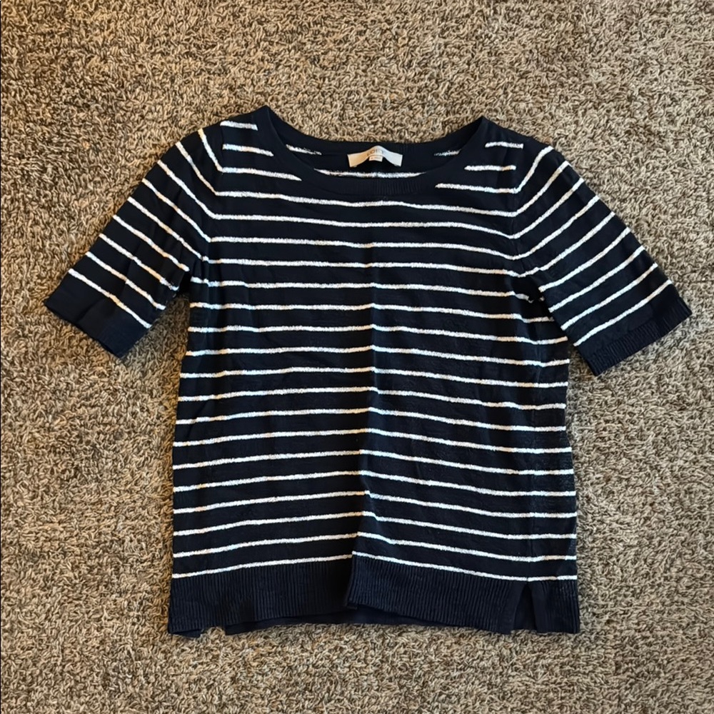 LOFT Blue and White Striped Short Sleeve Sweater
